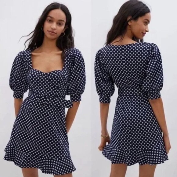 ANTHROPOLOGIE HUTCH Dress Women's 6 Floral Navy Polka Dot Puff Sleeve Belt Mini - Picture 1 of 10